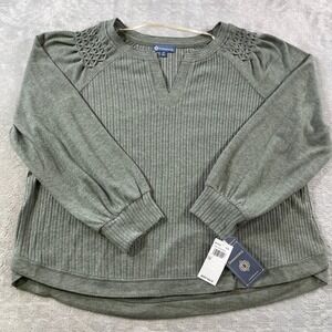 Democracy Top Blouse Womens 1X Gray Ribbed Smocked Lattice Shoulder Relaxed Soft